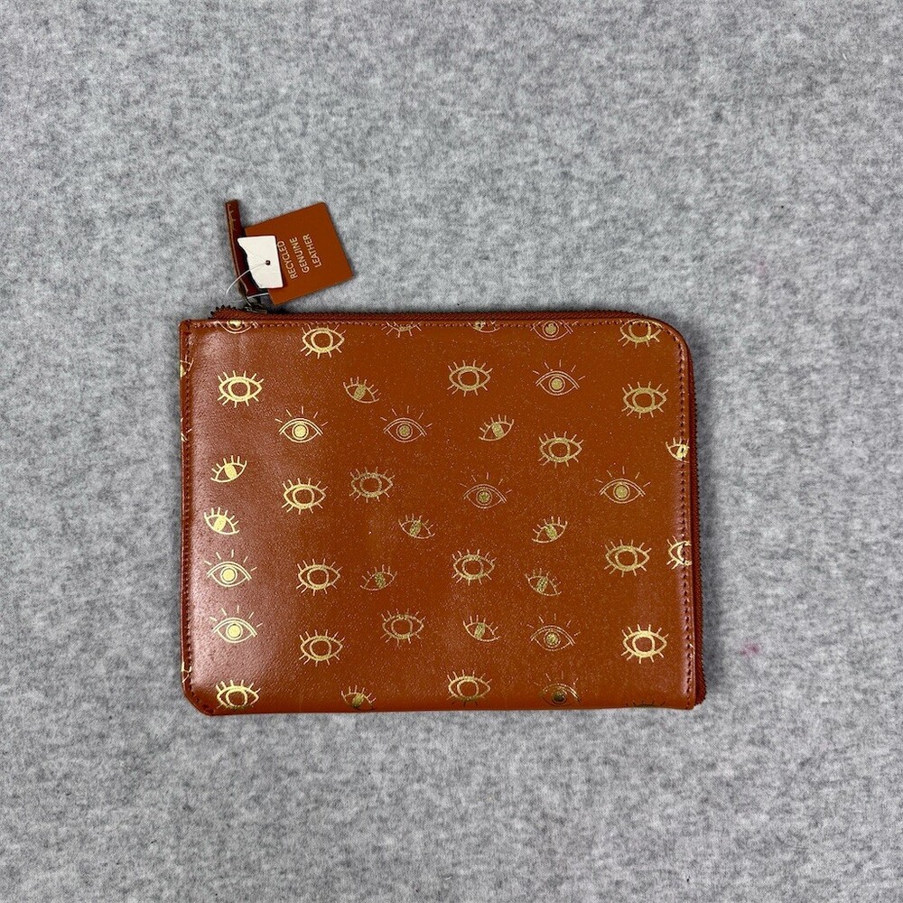 World Market Leather Zip Pouch Clutch Brown Gold Eye Print Organizer Wallet